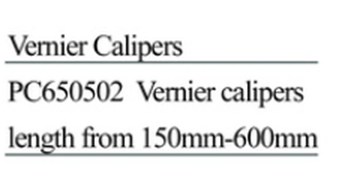 Specification sheet for Vernier Calipers showing catalogue codes, sizes and ratings