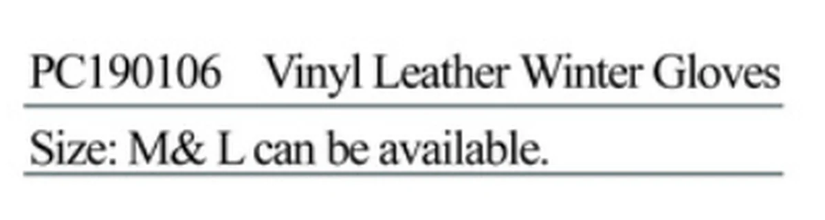 Specification sheet for Vinyl Leather Winter Gloves showing catalogue codes, sizes and ratings