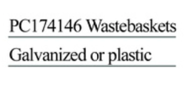 Specification sheet for Wastebaskets showing catalogue codes, sizes and ratings