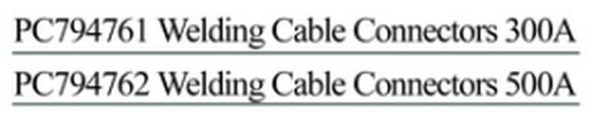 Specification sheet for Welding Cable Connectors showing catalogue codes, sizes and ratings