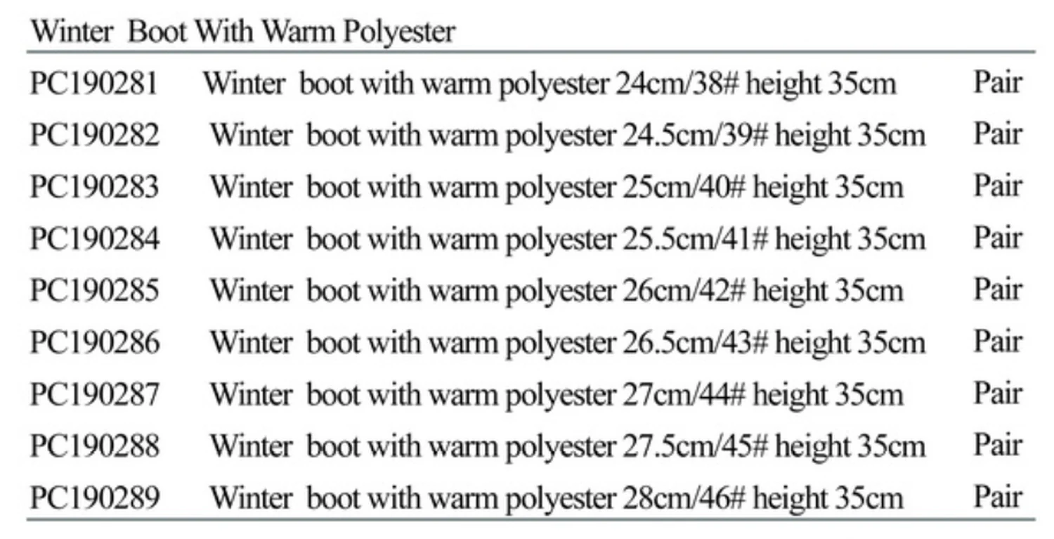 Specification sheet for Winter Boots with Warm Polyester Lining showing catalogue codes, sizes and ratings