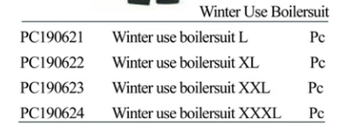 Specification sheet for Winter Use Boilersuit showing catalogue codes, sizes and ratings