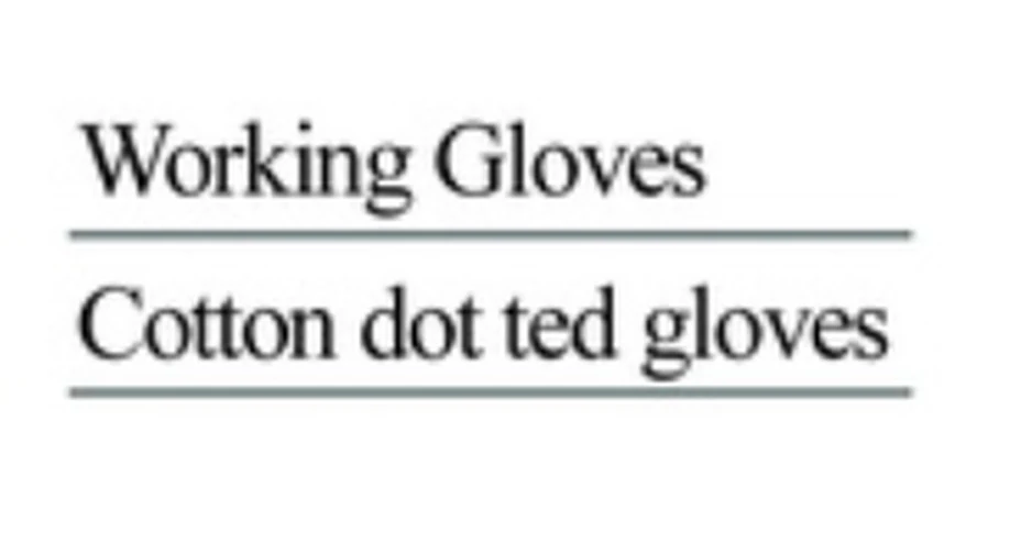 Specification sheet for Working Gloves showing catalogue codes, sizes and ratings