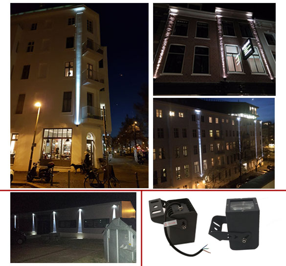 LED architectural floodlights washing a building facade