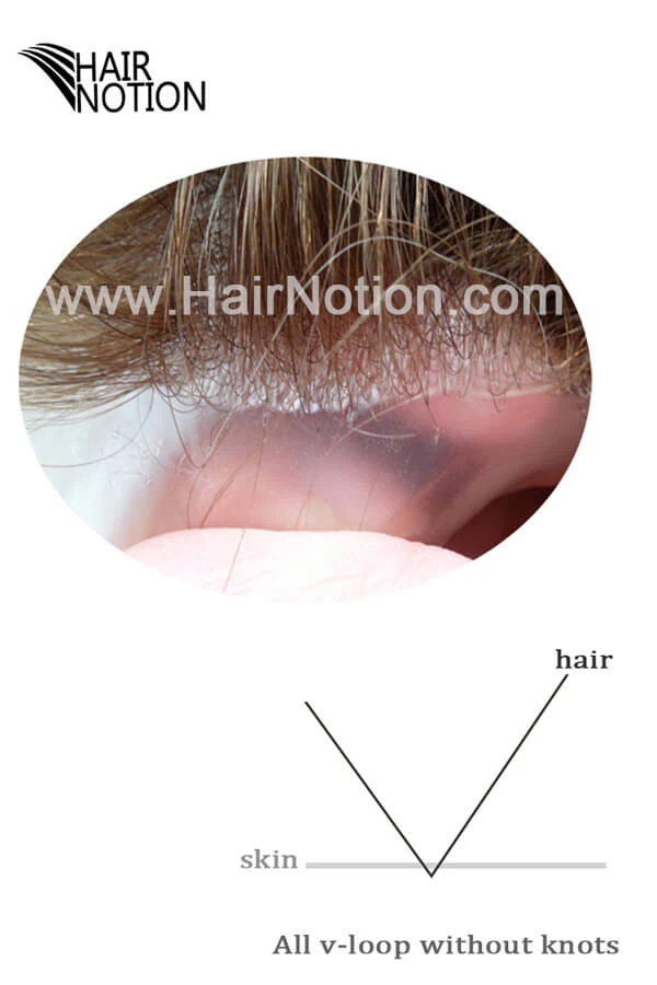 0.02-0.03mm ultra-thin skin men's toupee shown from above with the front hairline visible