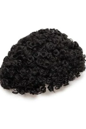 15MM Curls hair system styled on a mannequin head showing the natural wave and front parting
