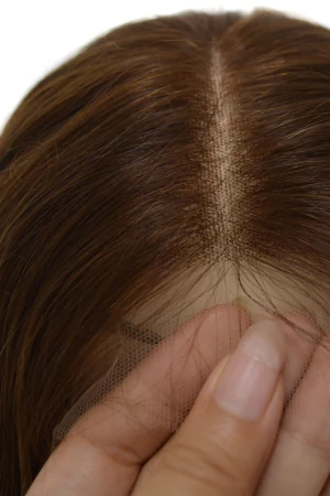 European virgin hair wig worn by a woman, showing the natural texture and scalp appearance