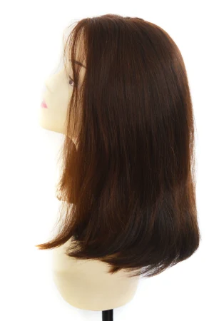 Wig styled on a mannequin head showing the natural parting and full coverage