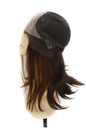 Underside of the lace top wig showing the lace base and monofilament crown