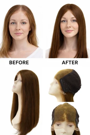 Wig styled on a mannequin head showing the full length and natural fall of the straight hair