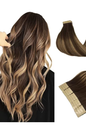 16 inch invisible tape-in hair extensions shown from above with the tape edges visible