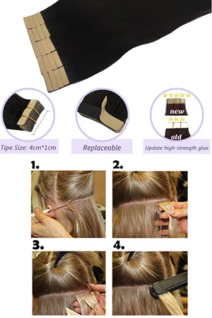 24 inch double drawn tape in extensions shown from above with the tape side visible