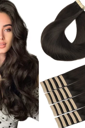 18 inch tape-in human hair extensions shown from above with the tape section visible