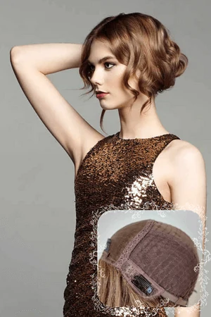 26 inch silk top women's wig shown from above with the front hairline and gentle wave visible