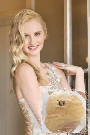 Full lace human hair women's wig #613 shown from above with the front hairline and parting visible