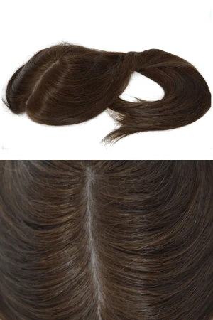 AURA hair topper styled on a mannequin head showing the natural parting and blend with real hair
