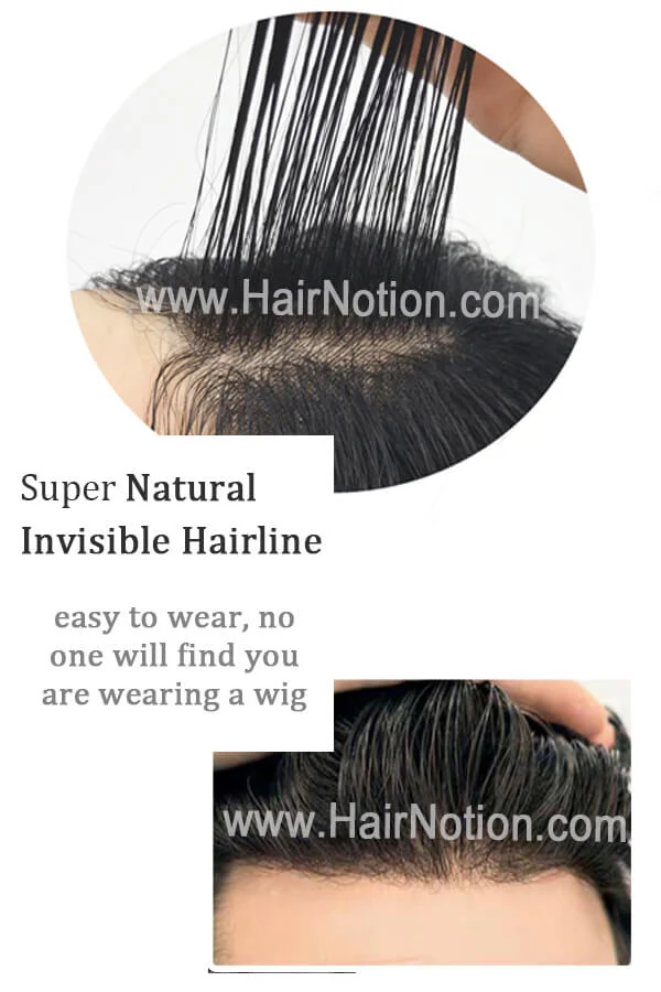 NCSM super thin skin men's hair system shown from above with the front hairline visible