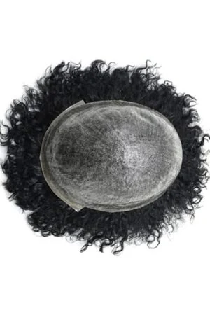 FCS 10MM Kinky Curly Afro Men Toupee shown from above with the full skin base and natural hairline visible