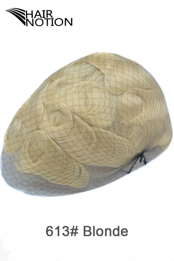 Blonde male wig on a mannequin head showing the front hairline with V-loop design