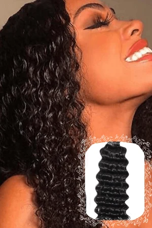 Bundles of deep wave Brazilian virgin hair extensions shown in a variety of colours