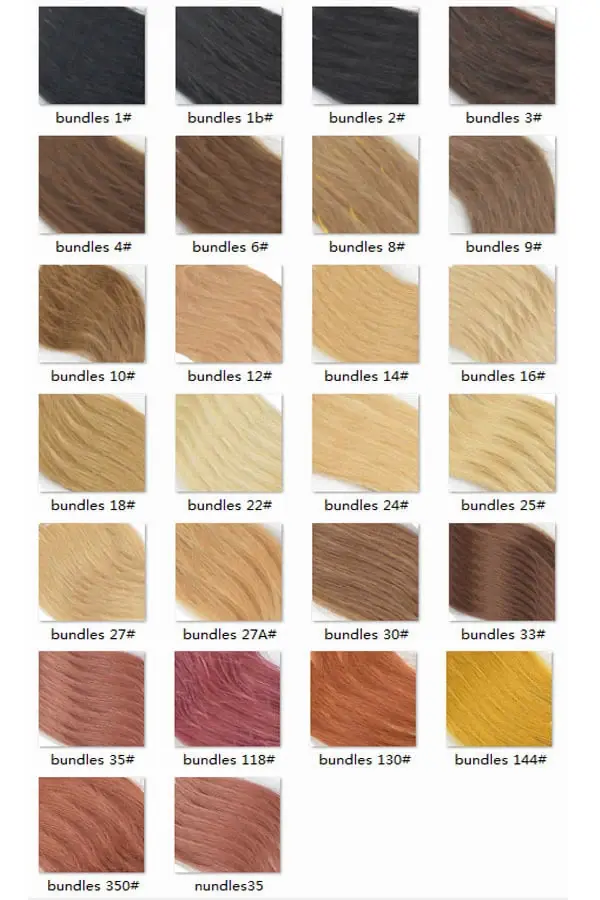 Color chart showing available shades of body wave human hair extensions