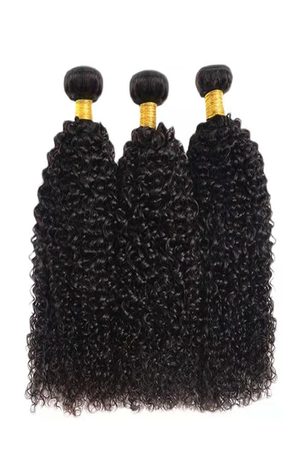 Side view of a kinky curly hair extension bundle showing the machine double weft construction