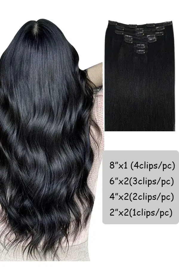 Clips in hair extensions shown from above with the 7 clips visible and the double weft structure