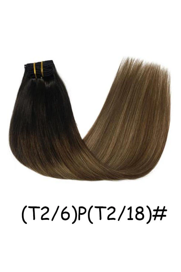 Clips in hair extensions shown from above with all 7 wefts visible and clips open
