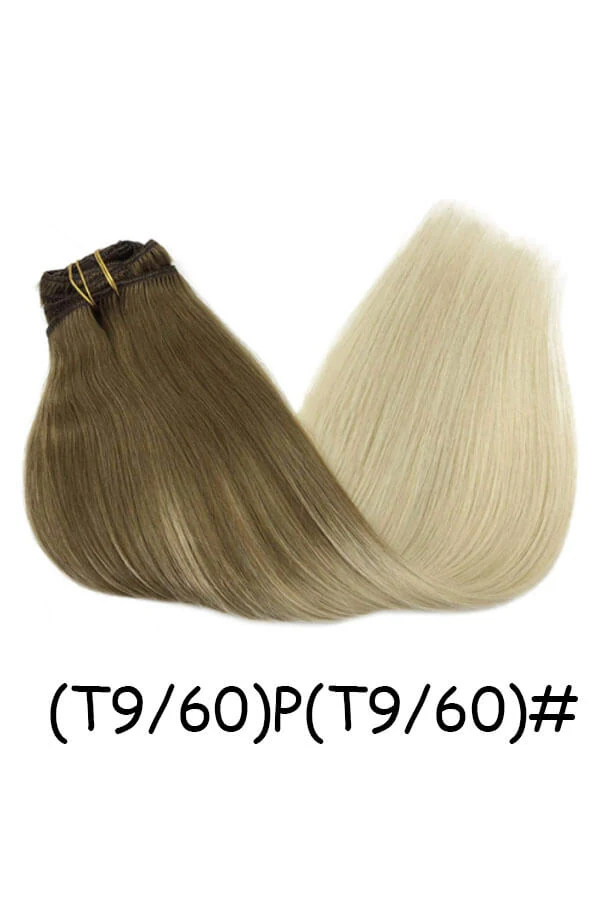 Clips in Hair Extensions Remy Natural Human Hair Straight Double Weft shown laid flat with all 7 wefts visible