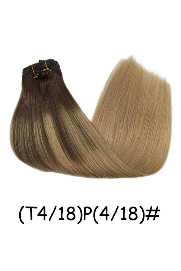 Clips in Hair Extensions Remy Natural Human Hair Straight Double Weft shown laid flat with all 7 wefts visible