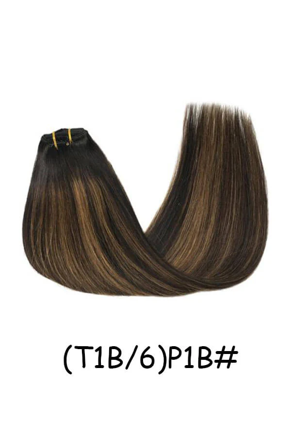 Clips in Hair Extensions Remy Natural Human Hair Straight Double Weft shown from above with all 7 wefts visible