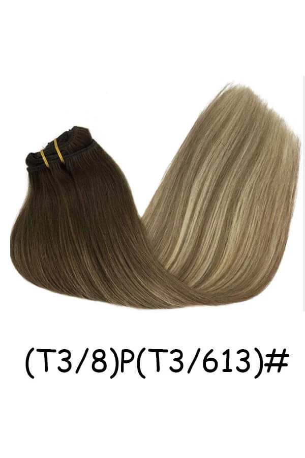 Clip-in hair extensions shown from above with all 7 wefts visible and clips open