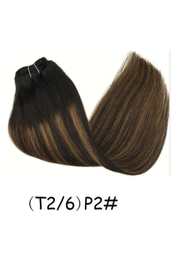 Clips in hair extensions Remy natural human hair straight double weft shown laid flat with all 7 wefts visible