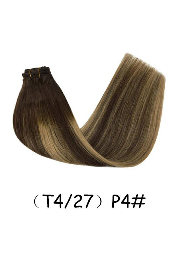 Clips in Hair Extensions Remy Natural Human Hair Straight Double Weft (T4/27) P4# shown from above with all 7 wefts visible and clips open