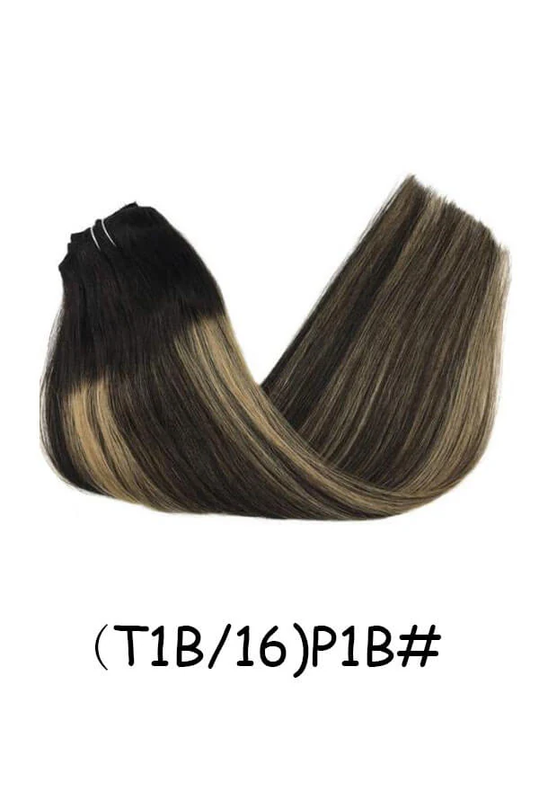 Clips in hair extensions with 100% Remy human hair shown from above with the clips visible and the hair flowing straight