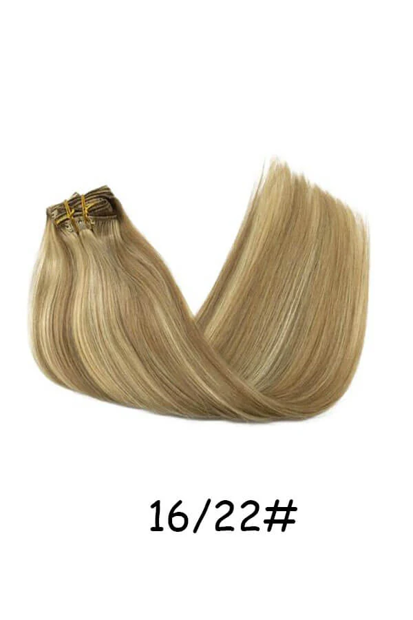 Clips in Hair Extensions Remy Natural Human Hair Straight Double Weft-16/22 shown from above with all wefts visible and clips open