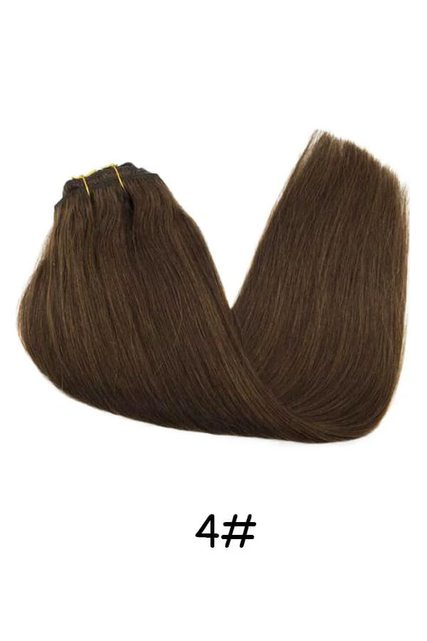 Clips in hair extensions Remy natural human hair straight double weft #4 shown from above with all 7 wefts visible