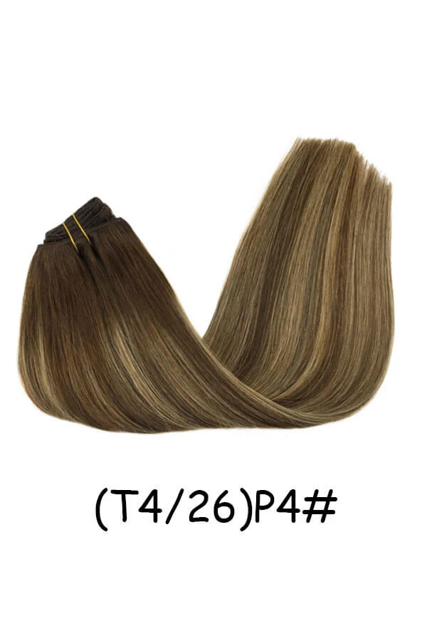 Clips in hair extensions Remy natural human hair straight double weft shown laid flat with all 7 wefts visible