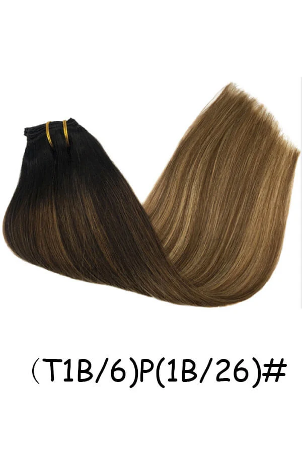 Clip-in hair extensions with double weft construction shown from above, displaying the 7 wefts and clip placement