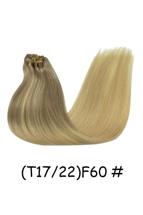 Clips in hair extensions Remy natural human hair straight double weft shown from above with all 7 wefts visible