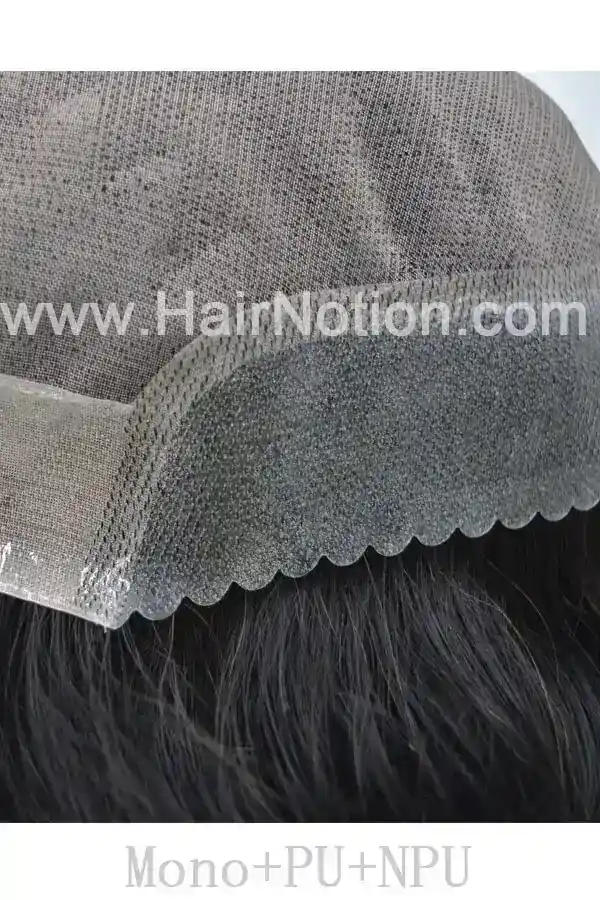 F-Arcadia hair system styled on a mannequin head showing the front parting and natural hairline