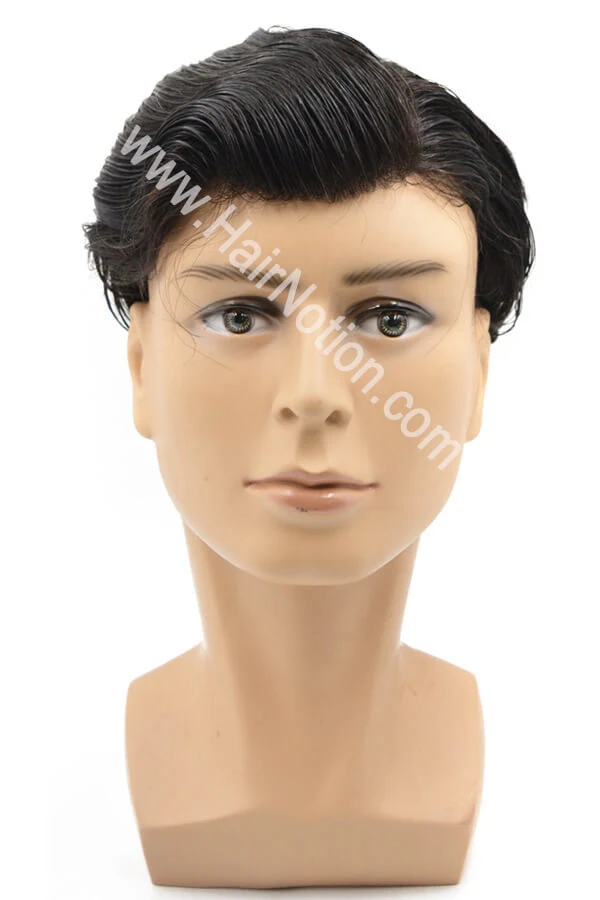 F-Arcadia hybrid men's hair system shown from above with the scalloped skin front visible