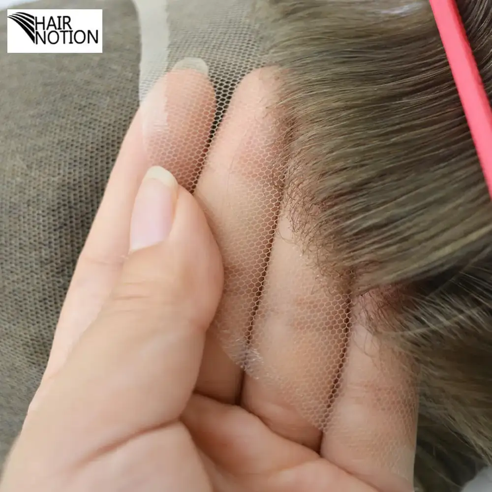 Swiss lace hair system styled on a mannequin head showing the natural parting and front blend