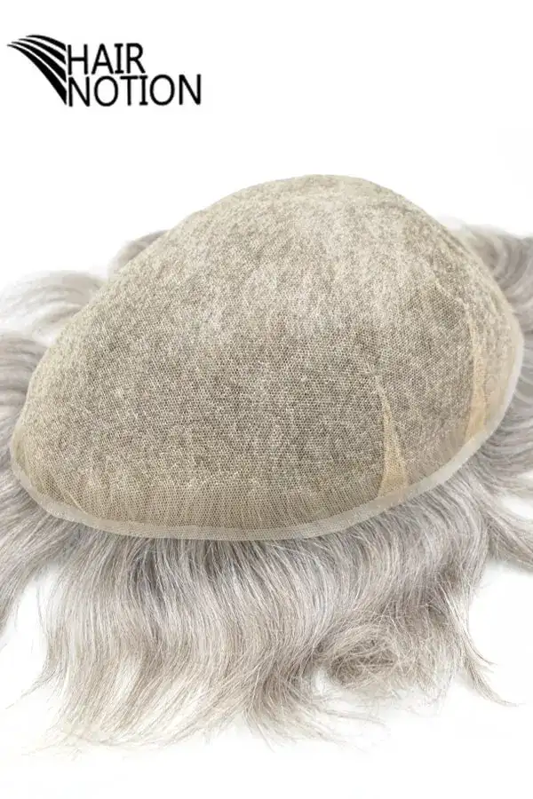 Custom full Swiss lace men's hair system shown from above with the front hairline visible