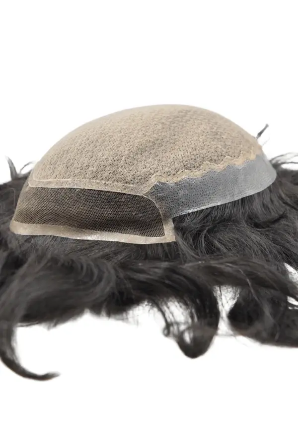 Custom I-LACE men's hair system shown from above with the lace front and natural hairline visible