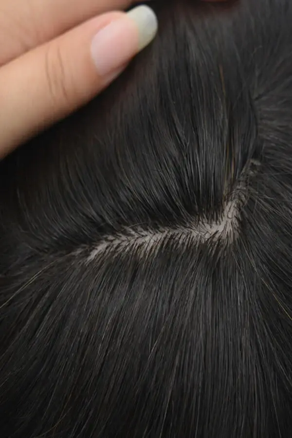Custom I-LACE men's hair system shown from above with the lace and silk front visible