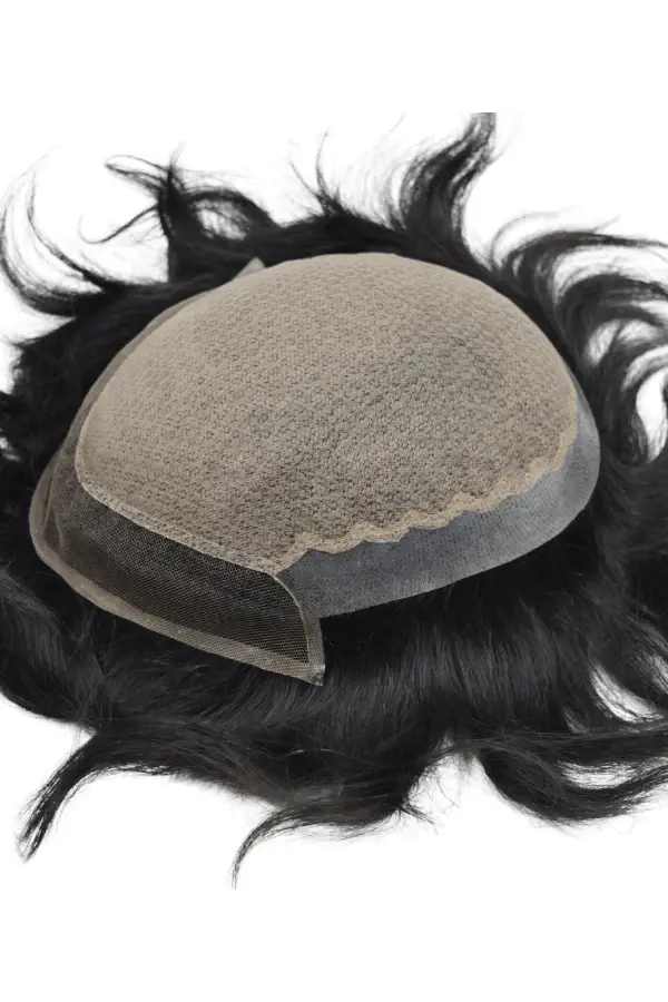 Custom I-LACE men's hair system shown from above with the lace front and natural hairline visible