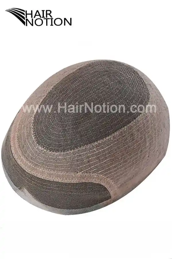 Custom King lace front fine welded mono combination toupee shown from above with the front hairline visible