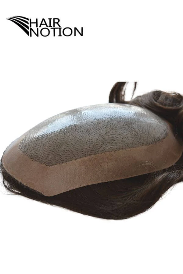 Custom KNP gase skin around poly-coated base men's hair system shown from above with the front hairline visible
