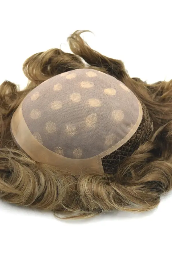 Custom LMF men's hair replacement system shown from above with the front hairline and folded net visible